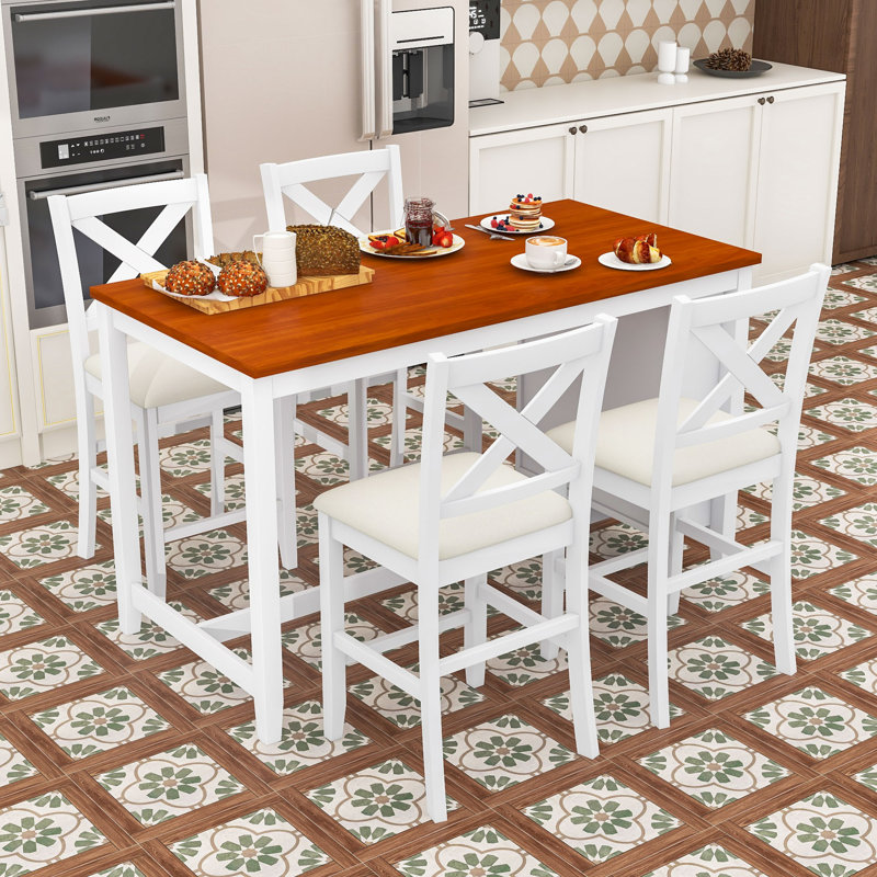 Ensemble de table de salle à manger 5 pièces pour 4 personnes, Noyer, Blanc / beige, Blanc