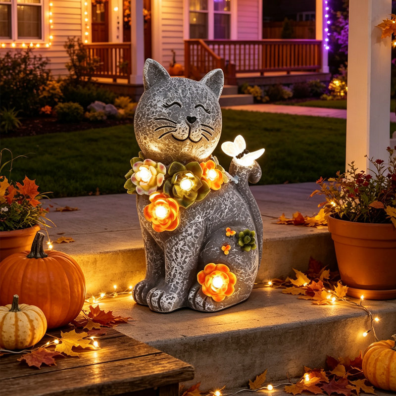 Statue de chat à énergie solaire avec décoration florale - Ornement de jardin extérieur, veilleuse mignonne en forme d'animal pour jardin