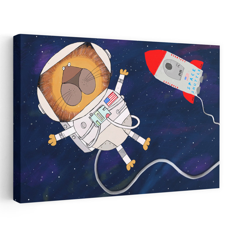 Lion Astronaut Explorer Dreamy Playful Whimsical Lion Landscape Nature Wall Art Print by Carla Daly - Wrapped Canvas Print