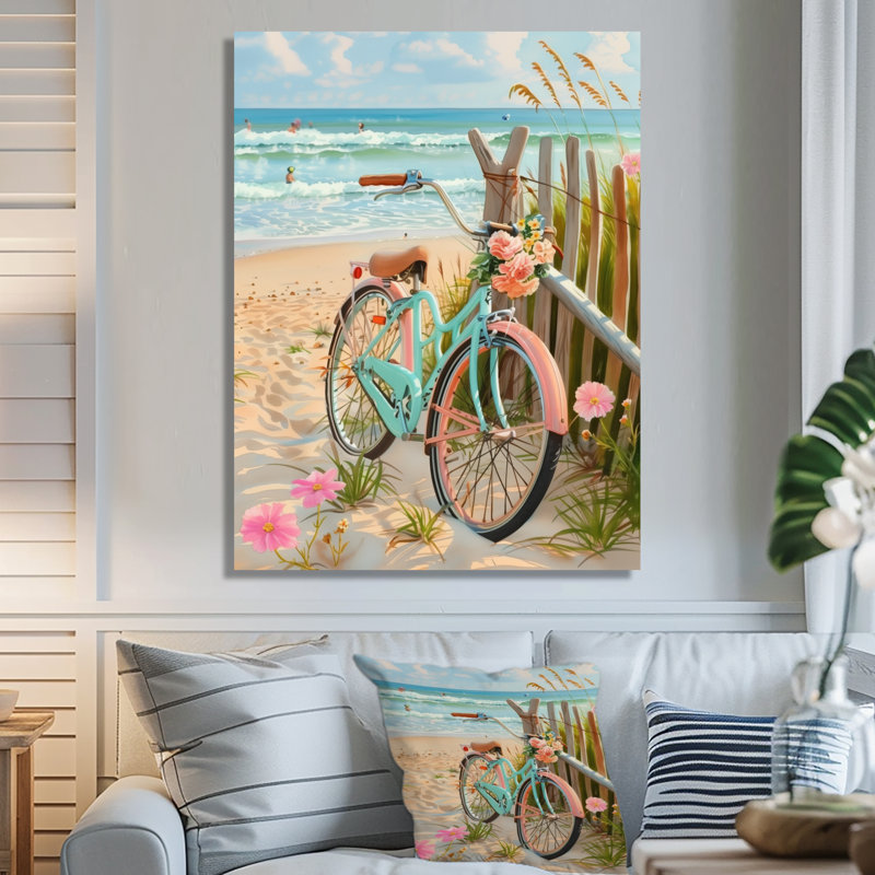 Vélo vert sur le sentier côtier floral II - impression d'art mural côtier, H 32 po x l 24 po x P 1 po, Toile tendue