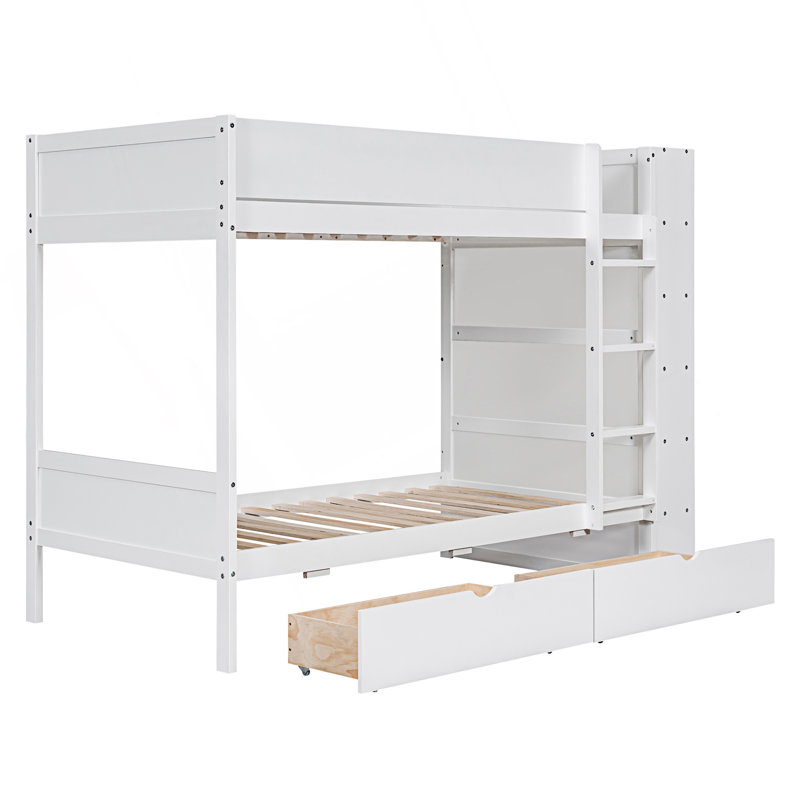 Lit superposé simple au-dessus de simple avec 2 tiroirs et armoire à couches multiples, cadre de lit, Blanc