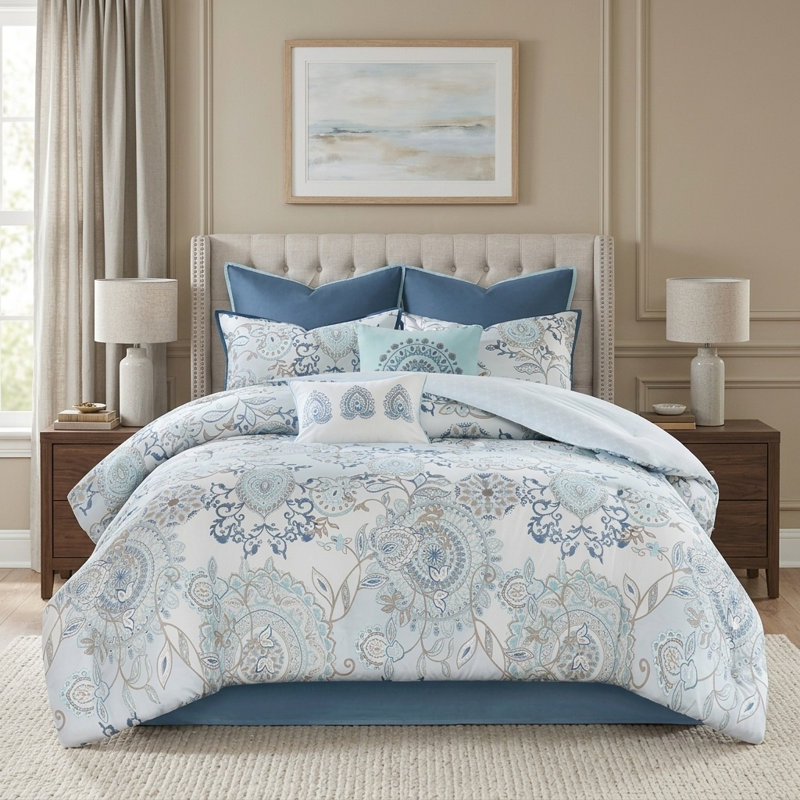 Ensemble d'édredon réversible en coton Blue Cal King, literie 8 pièces Shabby Chic