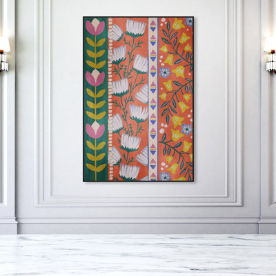"Plants With Flowers", Colorful Boho Floral Pattern Traditional Orange Canvas Wall Art Print For Living Room