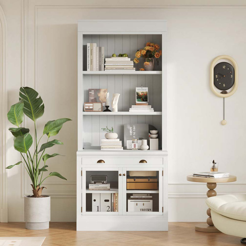 83.4"Tall Bookshelf, Modern Bookcase with 2 Glass Doors and 1 Drawer, White