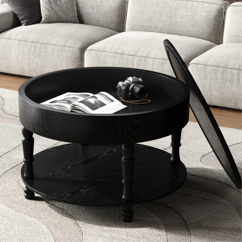 Table basse ronde moderne dans le salon, 31,5 po, double couche de rangement, compartiment caché pour les couvertures, base en forme de H, pieds réglables noirs avec rangement rabattable, tablette inférieure ouverte, solide