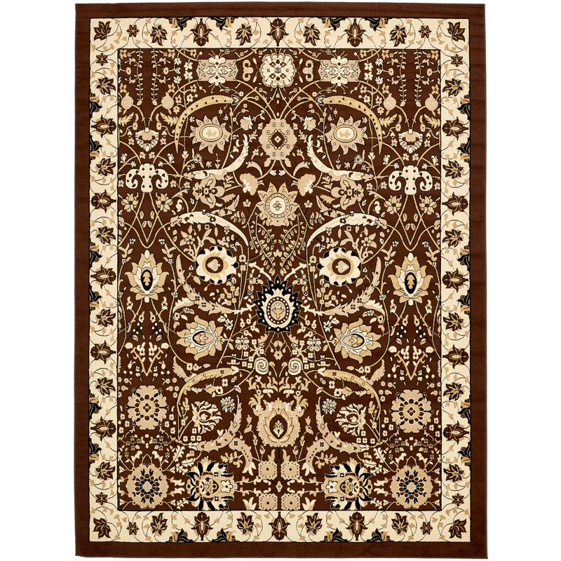 Tapis brun à motif floral Britannia, Rectangle 9 pi 10 po x 13 pi 1 po