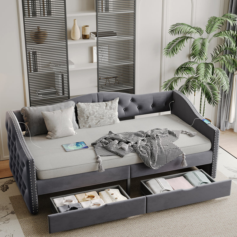 Upholstered Daybed With Storage Drawers And USB Ports, Gray