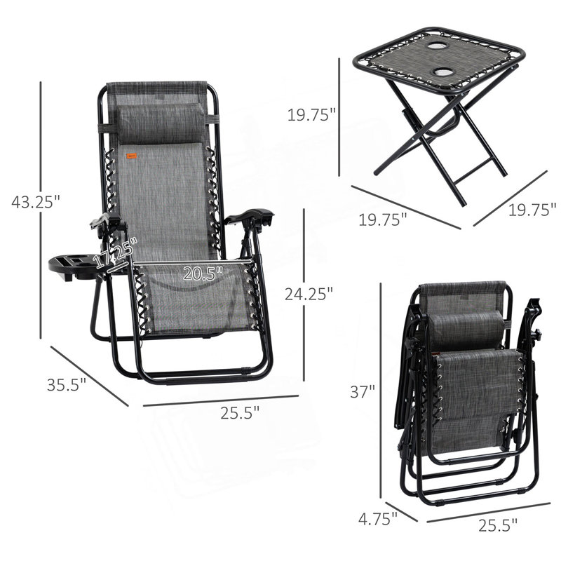 Zero Gravity Chair Set With Side Table, Folding Reclining Chair With Cupholders & Pillows, Pool Lounge Chair, Gray