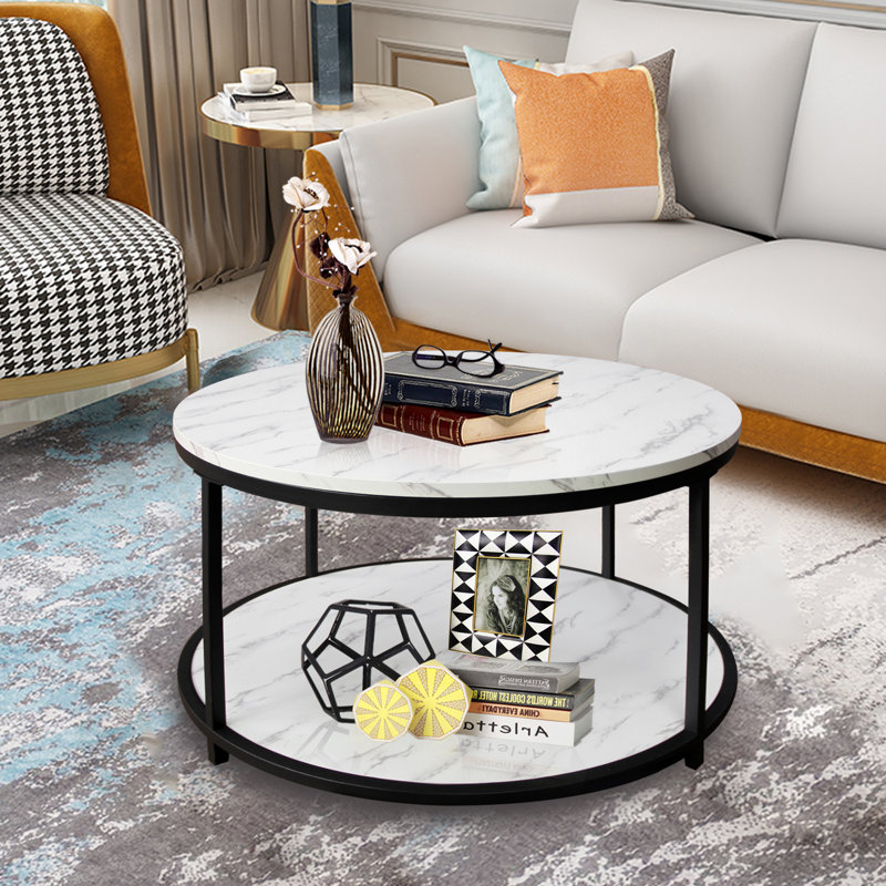 Coffee Table, White Artificial Marble, Black Metal Rack