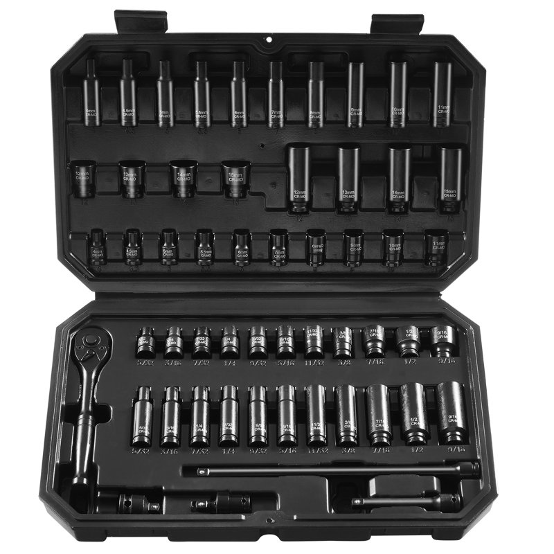 Ensemble de douilles à impact 6 pièces 1/4 po 6 po à cliquet | 13,39 po x 3,15 po x 9,06 po | Acier | 55 pièces | Étui | Noir