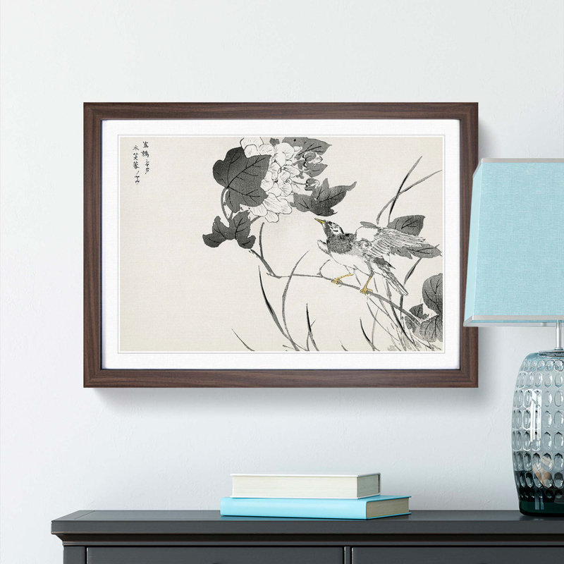 Grey Starling with White Lotus Flowers by Numata Kashu - Picture Frame Painting Print, 36cm H x 48cm W x 2cm D, Walnut Framed
