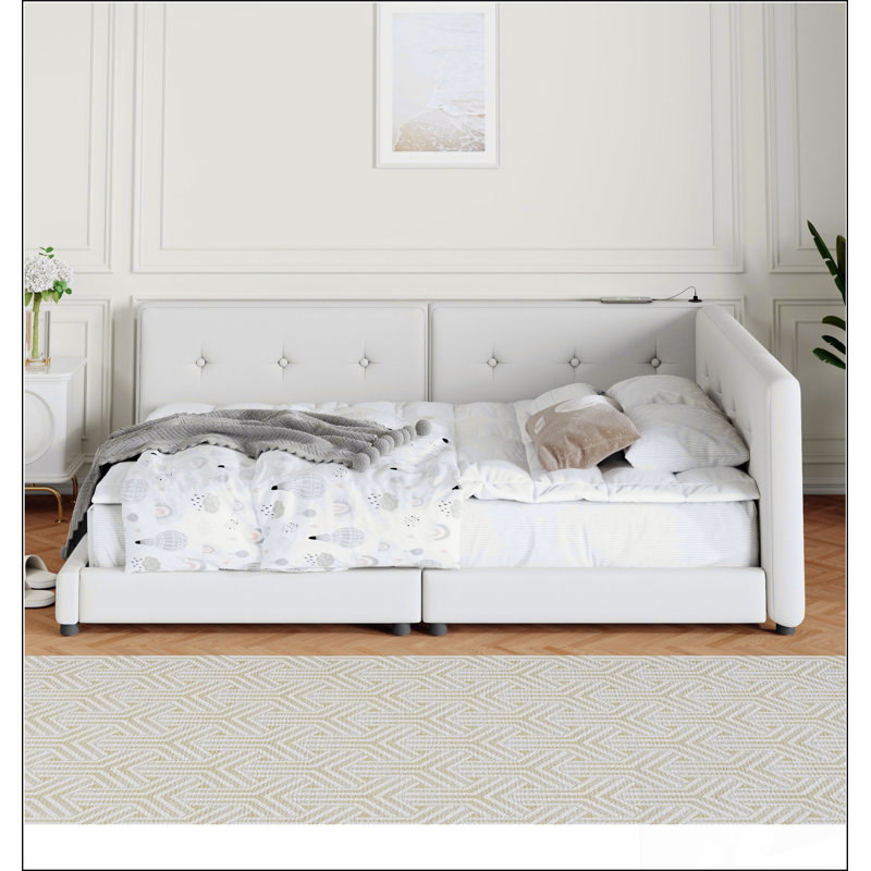 Lit plateforme tapissier élégant avec ports USB pour chambres modernes et commodité améliorée, Beige, Grand lit