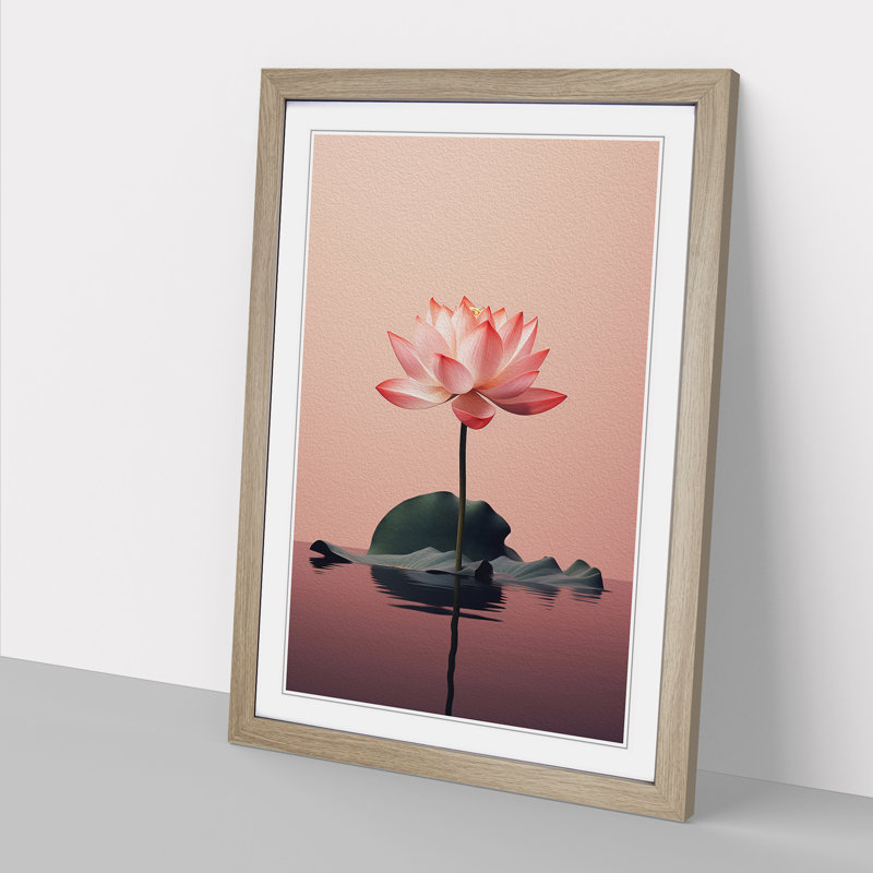 Lotus Flower Minimalism - Single Picture Frame Print on Wood, 46cm H x 34cm W x 2cm D, Oak