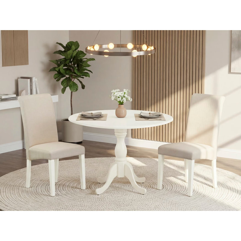 3 Piece Kitchen Table Set for Small Spaces Contains a Round Dining Table with Dropleaf and 2 Cream Linen Fabric Padded Chairs, Linen White