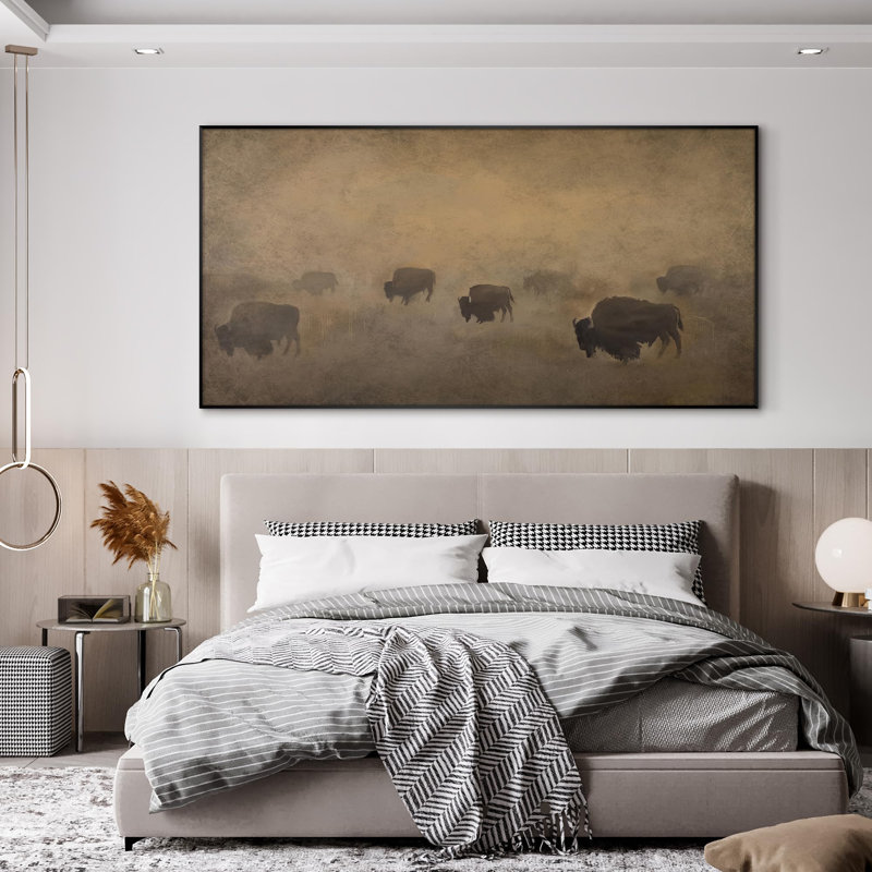 Extra Large Wall Art Fabric Print - Buffalo Herd in Hazy Landscape Rustic Western Artwork Decor for Living Room or Bedroom - "Frame Assembly Required (Unfinished Frame)"