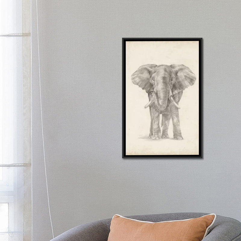 Éléphant croquis II - impression sur toile tendue, H 26 po x l 18 po x P 1,5 po, Toile encadrée noire, Pas de tapis