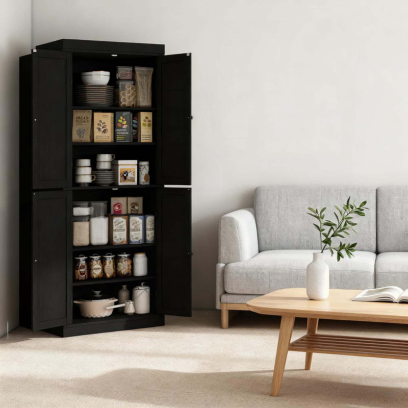 Armoire de cuisine de style nordique, armoire de cuisine autoportante, armoire de rangement avec portes et tablettes, Black