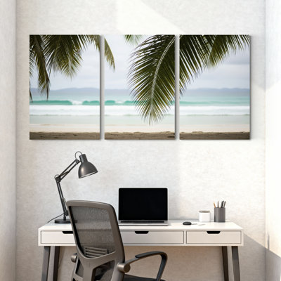 Palmiers, plage tropicale, palmier, vue sur l'océan, coucher de soleil, horizon, sable, ensemble de 3 impressions sur toile