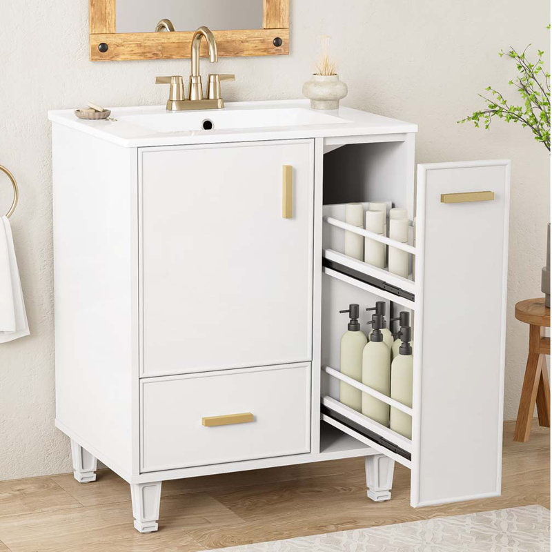 Meuble-lavabo de salle de bain avec lavabo en céramique, tablette de porte et tiroir profond, Blanc