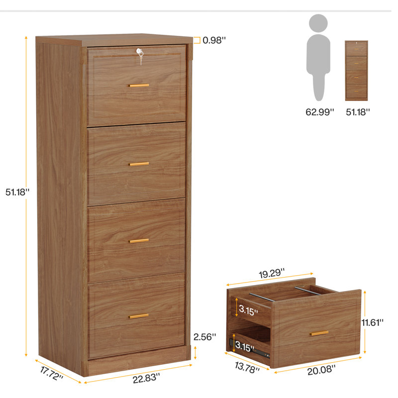 Classeur à 4 tiroirs, classeur vertical avec serrure, classeur en bois pour bureau personnel, Brun