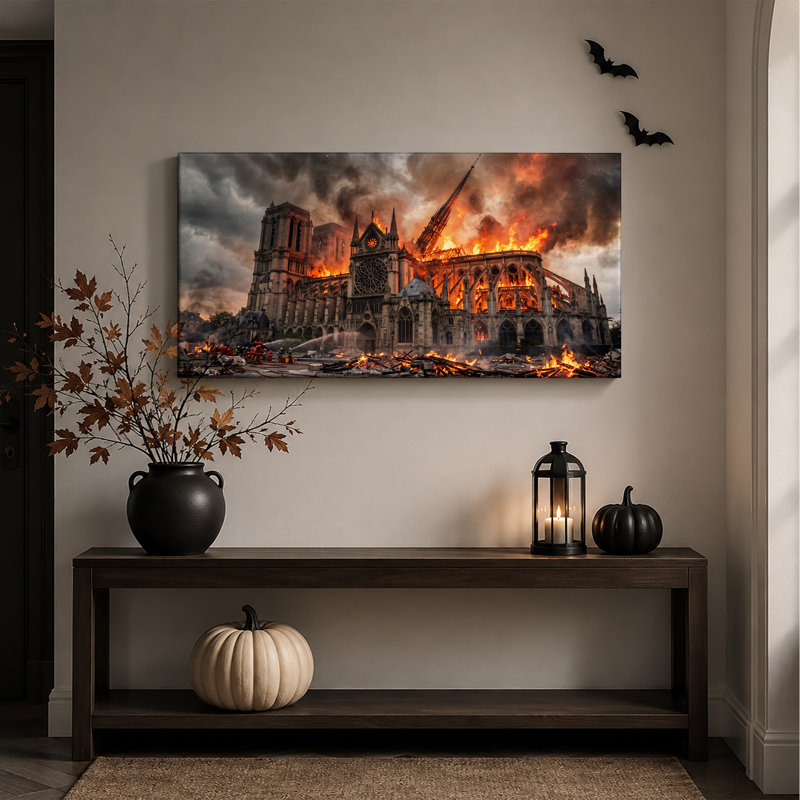 Cathédrale gothique engloutie par les flammes et la fumée - Toile murale d'Halloween, L 58 po x H 28 po