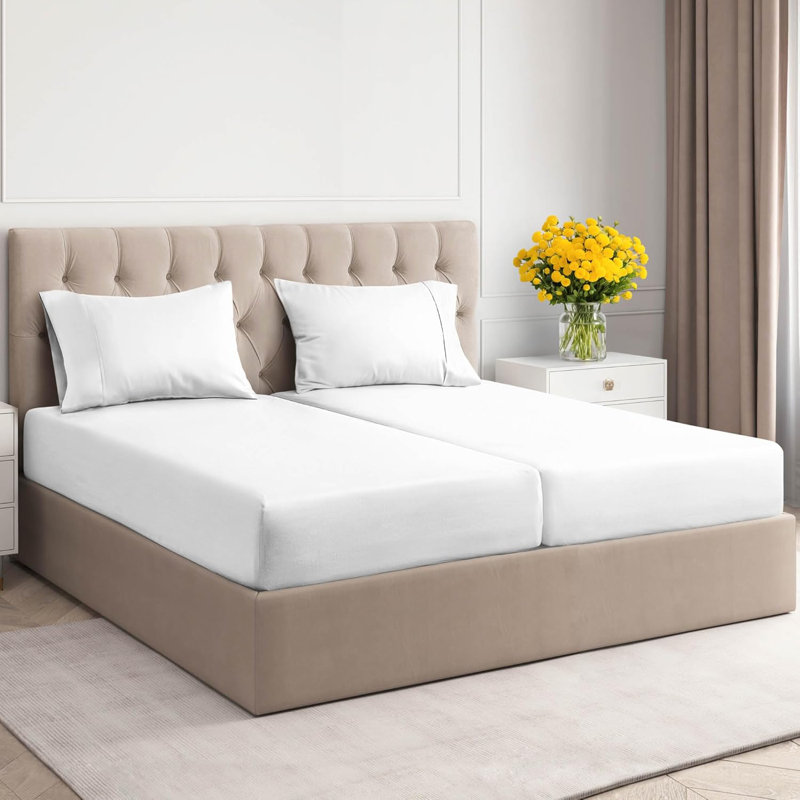 Ensemble de draps 4 pièces 100% coton 400 fils, Drap pour grand lit avec 3 pièces supplémentaire, Blanc