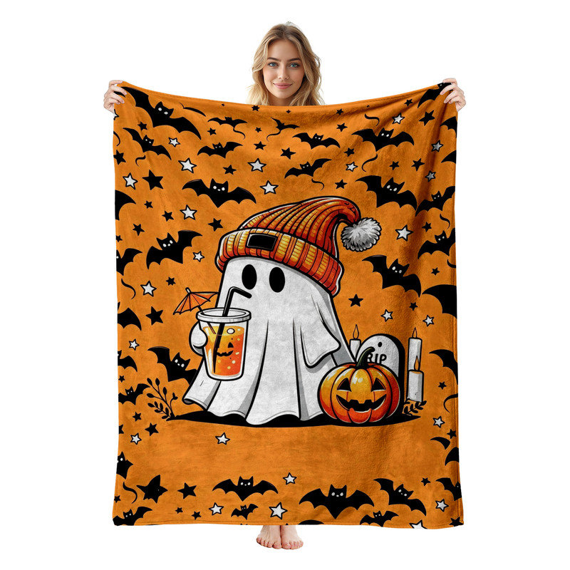 Plaid en flanelle polaire JYK pour l'Halloween, léger, respirant, doux et chaud en microfibre pelucheuse, 76 x 102 cm, motif fantôme buvant