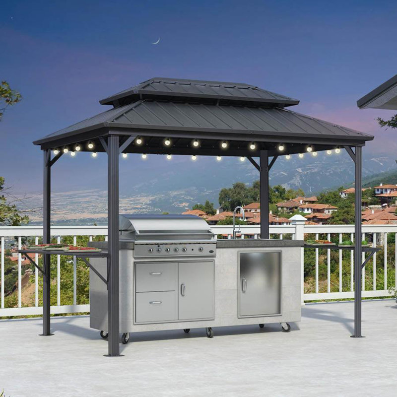 PURPLE LEAF Hardtop Grill Gazebo for Patio Aluminum Barbeque Canopy with 24 Clear Light Bulbs and Shelves Double Tiered Grey Outdoor BBQ Gazebo