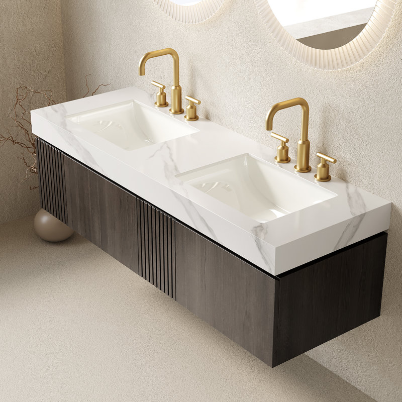 Ensemble de meuble-lavabo flottant à double cuve Adwin, Chêne anthracite, Blanc de Carrare