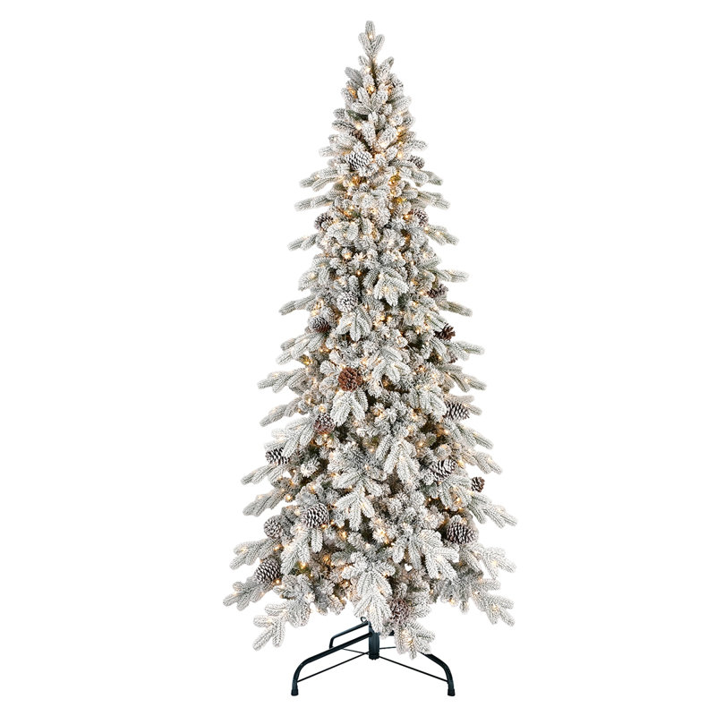 Arbre de Noël 6 pi en PE / PVC floqué avec 600 lumières DEL blanc chaud - 935 pointes, 31 pommes de pin naturelles, effet enneigé, branches articulées, base en métal