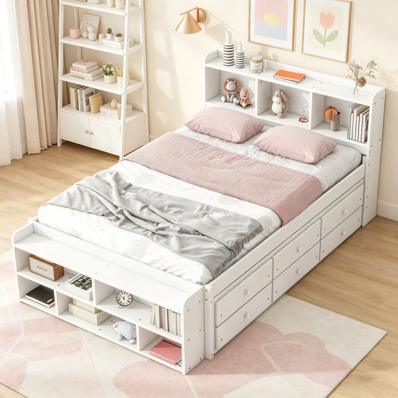 Lit double avec tête de lit bibliothèque, tiroirs de rangement sous le lit et étui de rangement pour bout de lit, blanc
