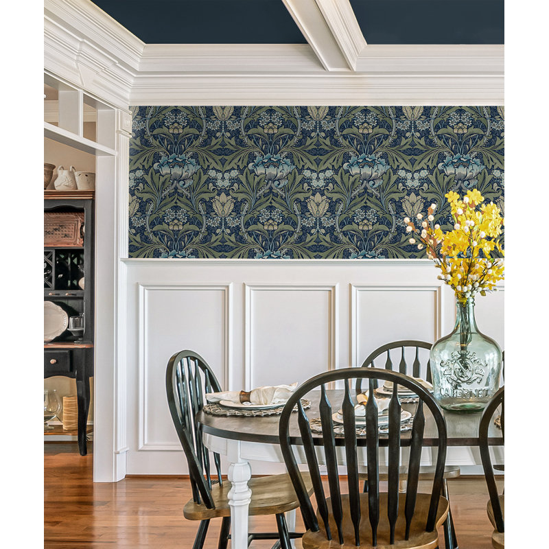 Papier peint floral Mifflintown, Denim / sauge