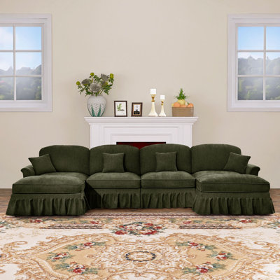 Canapé en chenille 4 places avec 2 repose-pieds et volants amovibles Glendora l 137,8 po