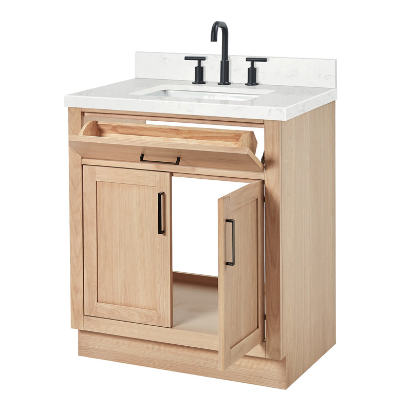 Tidworth 30'' Solid Wood Single Bathroom Vanity with 1.5'' Carrara Quartz Top, Rectangular, Natural Oak / Matte Black