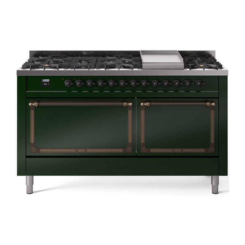ILVE Nostalgie II Noblesse 60 po à deux brûleurs, 9 brûleurs, plaque chauffante, Vert émeraude / bruni, Gaz naturel