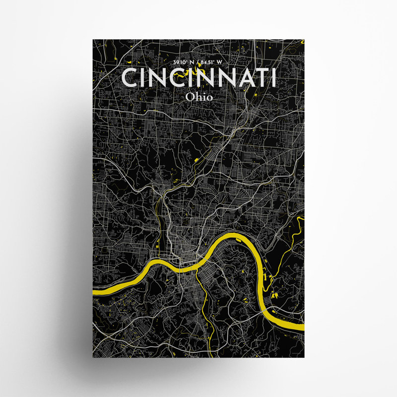 Cincinnati, États-Unis d'Amérique, carte de la ville - ensemble d'imprimés non encadrés, H 36 po x l 24 po, Noir/jaune