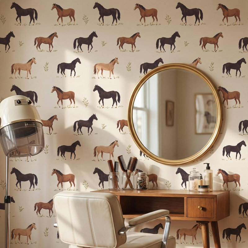 Papier peint vintage à motifs de chevaux, beige rustique. Fresque murale., Peel and Stick