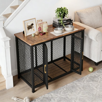 Cage pour chien de 48 po de style grand mobilier - chenil d'intérieur en métal / bois robuste, ouverture par le haut et 2 portes, table de cage décorative rustique pour animaux de compagnie
