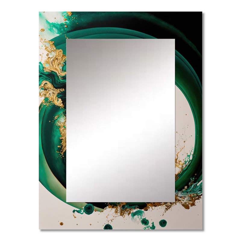 Emeraude vert et or abstrait vagues II - abstrait spirales murales, grand miroir vert, 32 po x 24 po