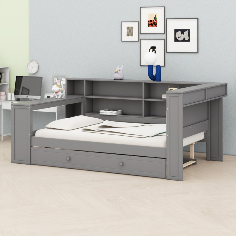 Lit plateforme tout-en-un avec tête de lit tapissier et caractéristiques pratiques, Gris
