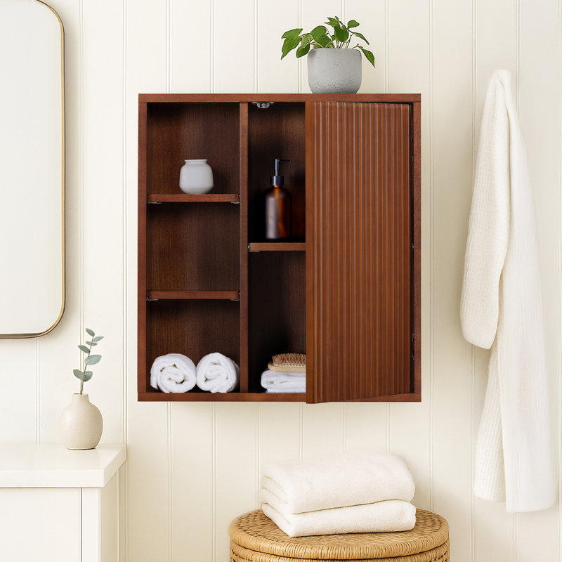 Armoire de salle de bain murale Tremolo avec compartiments de rangement ouverts et 1 porte cannelée, Noyer