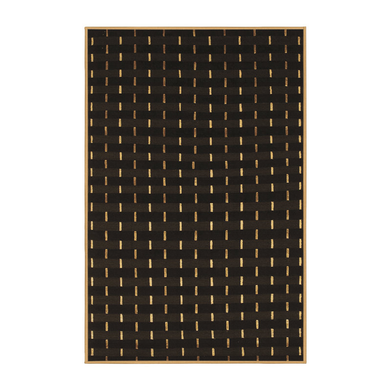 Tapis géométrique noir / doré en laine et polyester tissé à la machine 5 pi x 7 pi