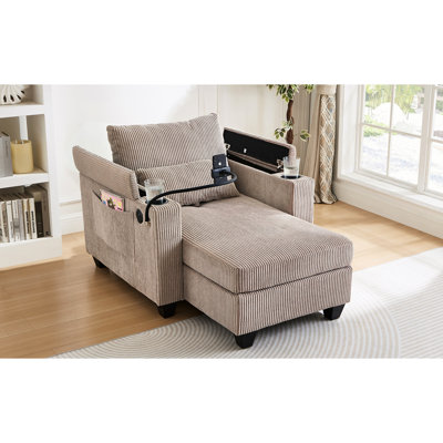 Chaise convertible de 37,4 po avec revêtement en velours côtelé, porte-gobelets, rangement dissimulé, poches latérales, brun, idéale pour les petits espaces de vie Chaise longue et chambres contemporaines