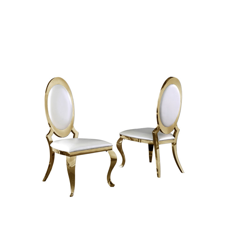 Chaise d'appoint rembourrée à dossier King Louis avec structure en acier inoxydable Amity, Doré, Faux cuir, White