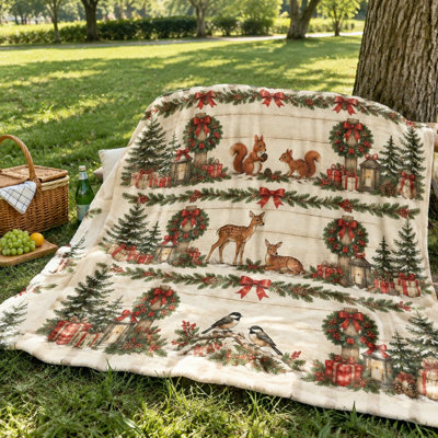 Cozy Christmas Throw Blanket, Festive Woodland Animals and Wreaths Design, Warm Plush Blanket for Sofa, Couch, Bedroom, Living Room Holiday Decor