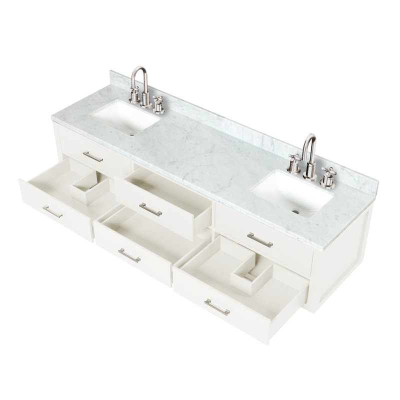 Meuble-lavabo double blanc 80 po X P 22 po D, dessus en marbre de Carrare, ensemble de robinet et Miroirs, Blanc / Carrare