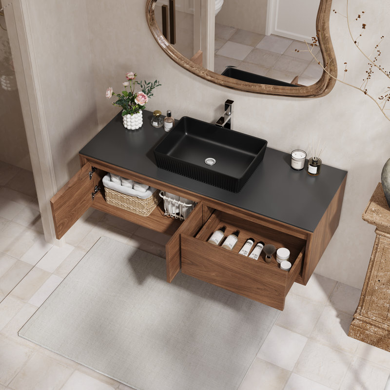 Meuble-lavabo flottant 48 po avec lavabo rectangulaire en céramique, meuble-lavabo autoportant avec 1 armoire à double porte et 1 tiroir, comptoir en pierre noire