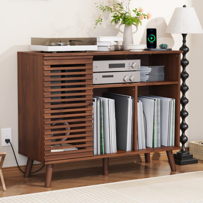 Support pour tourne-disque avec station de charge, support pour tourne-disque de style Mid-Century avec portes à lattes, table de tourne-disque de l 40 po pouvant accueillir jusqu'à 350 albums, étagère de rangement en vinyle pour le salon, noyer