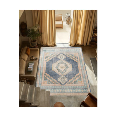 Machine Washable Traditional Blue Patterned Vintage Decorative Area Rug