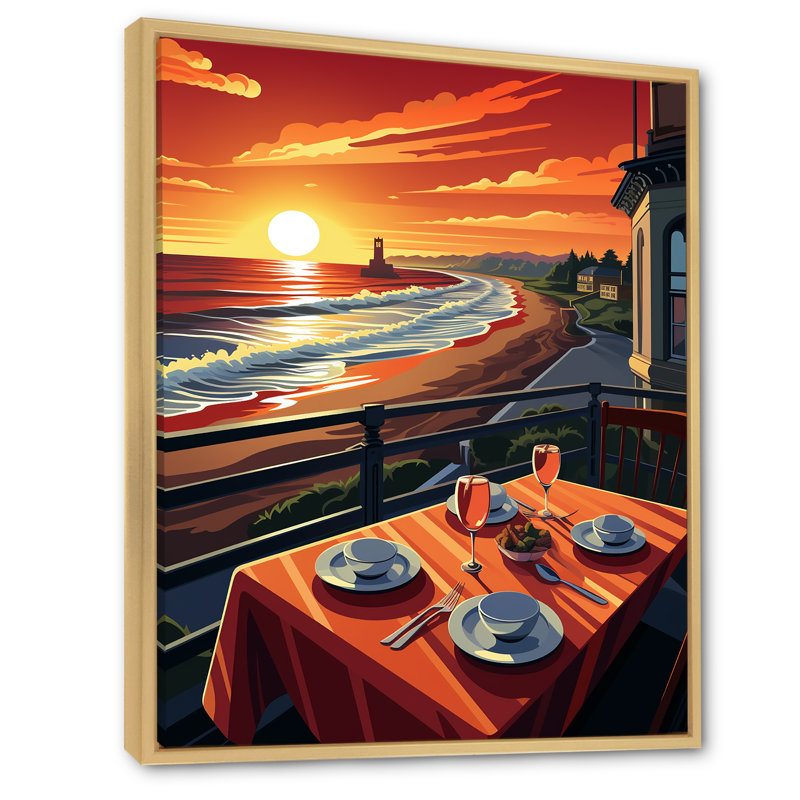 «Beachfront Dinner Sunset - Coastal Windows», art mural, H 20 po x l 12 po x P 1 po, Cadre flottant brun
